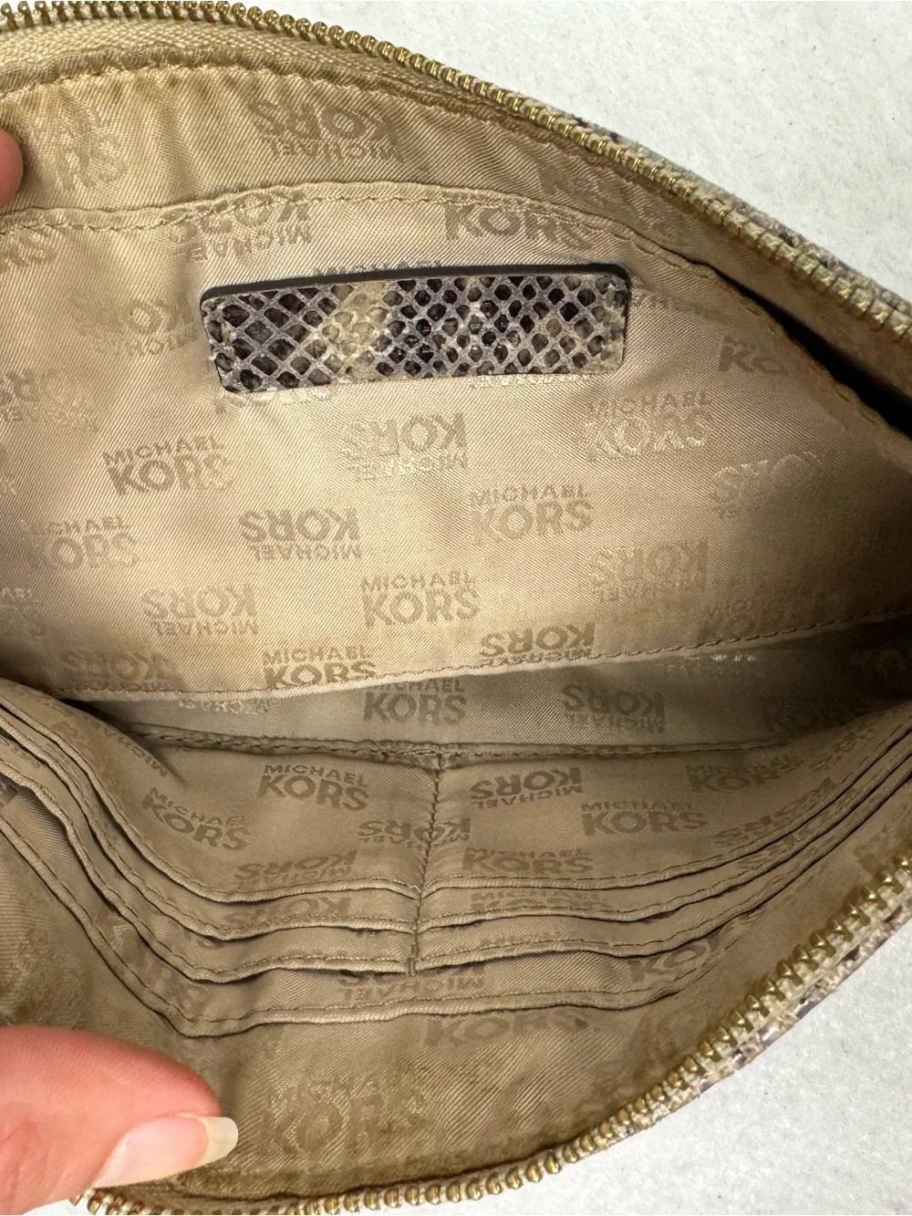 Michael Kors Snakeskin Python Embossed Leather Wristlet Clutch Gold Logo